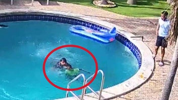 Red circle over a man pulling a boy up from the bottom of a pool